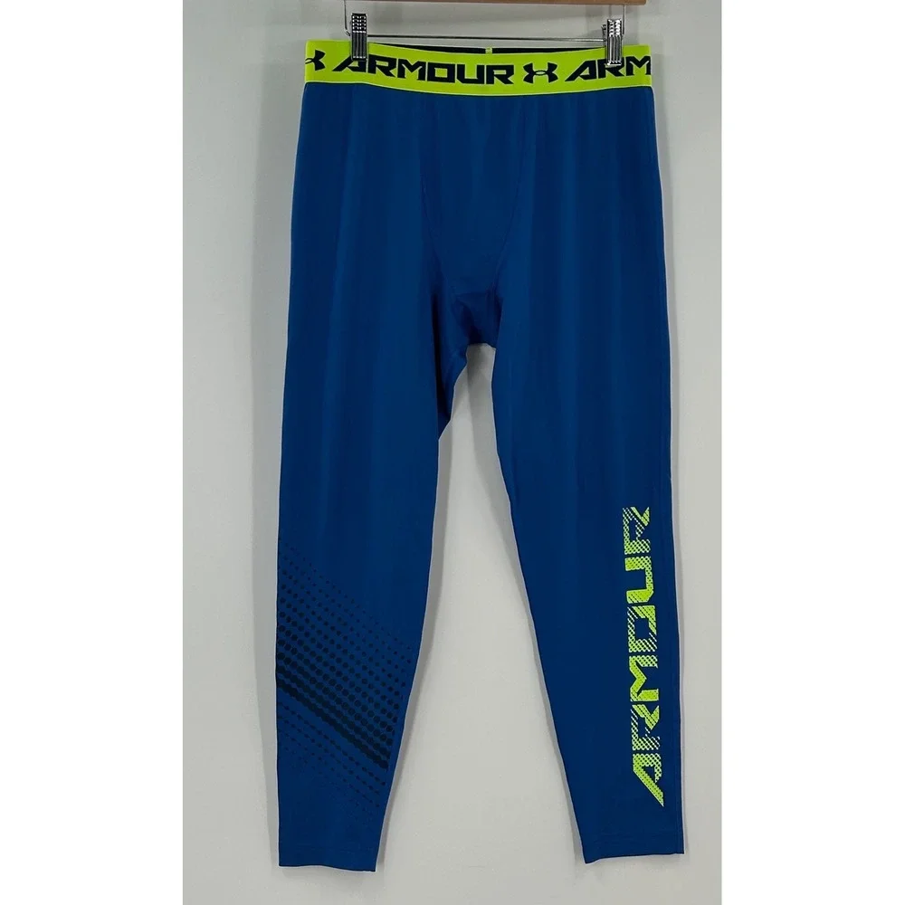 Under Armour Mens HeatGear Compression Leggings Blue Neon Yellow Graphic Medium